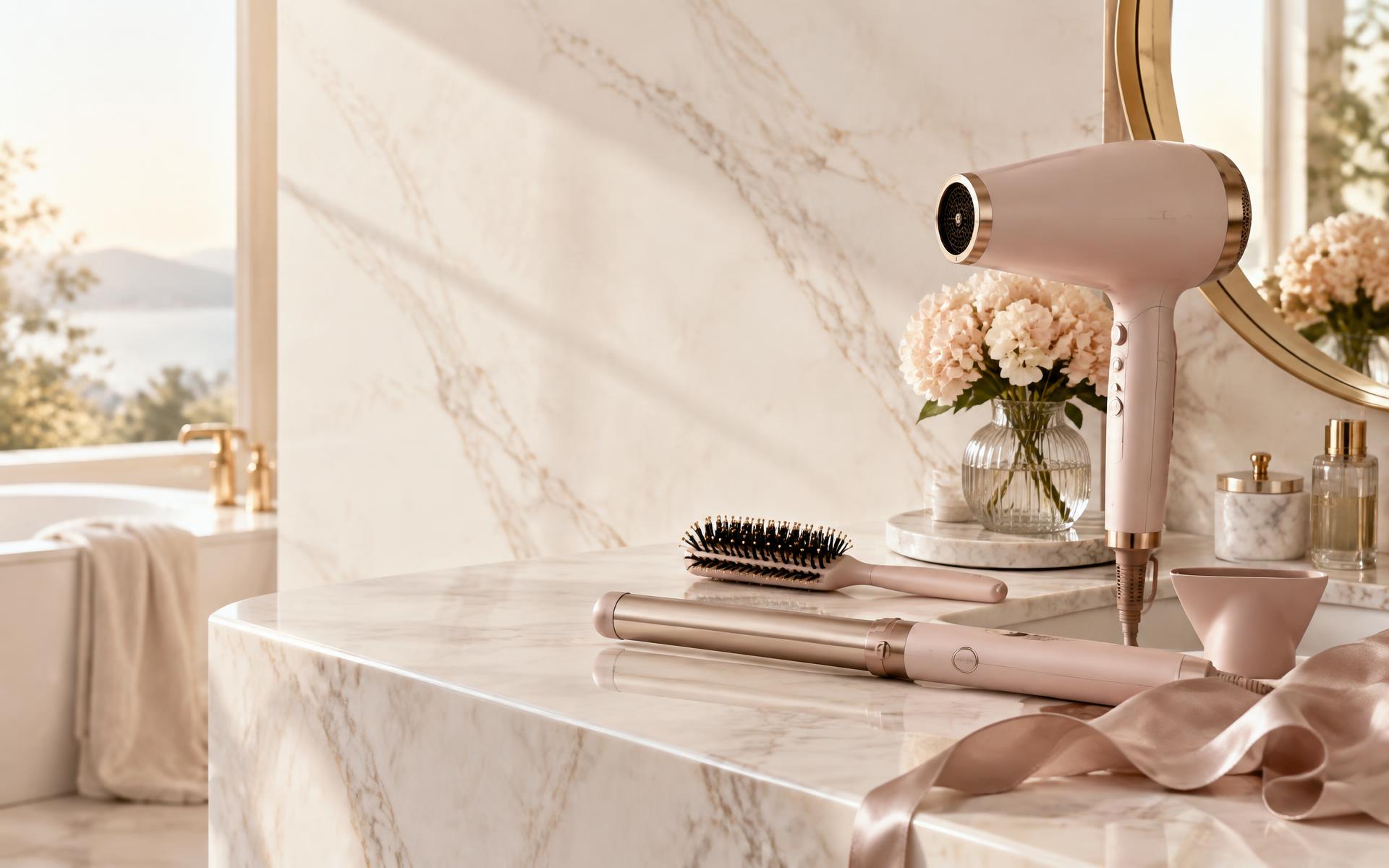 Blush hair styling tools in a refined dressing space